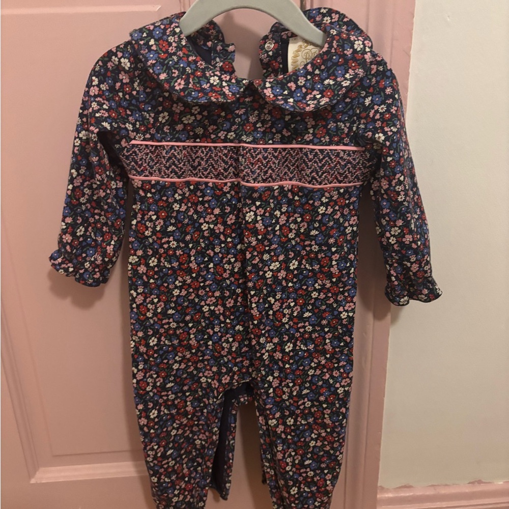 The Beaufort Bonnet Company Navy Floral Smocked Baby One-Piece